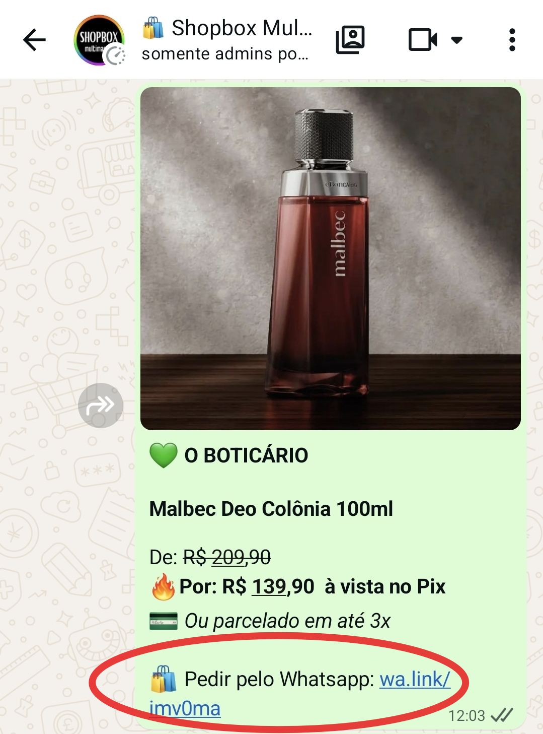Exemplo de oferta no grupo com o link Pedir pelo WhatsApp destacado